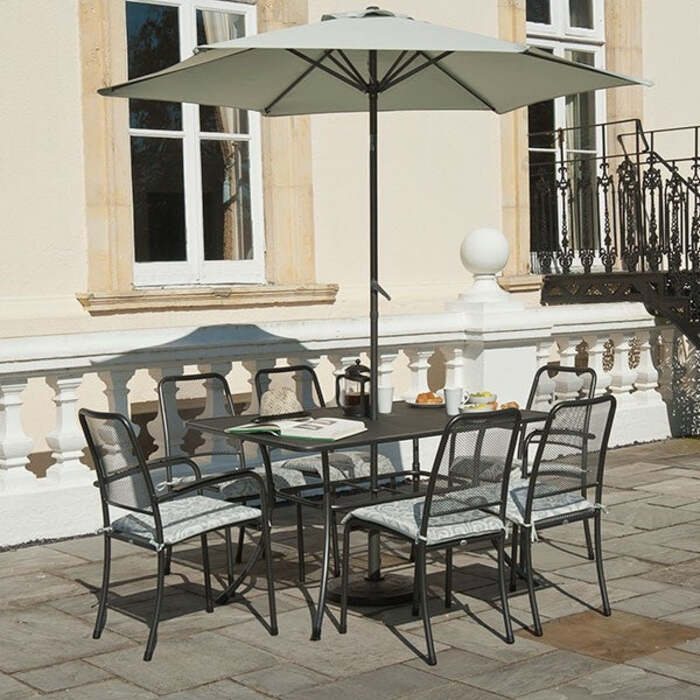 Alexander Rose Portofino 6 Seater Metal Garden Furniture Set with Rectangular Table, Armchairs & Side Chairs, With Jade Cushions