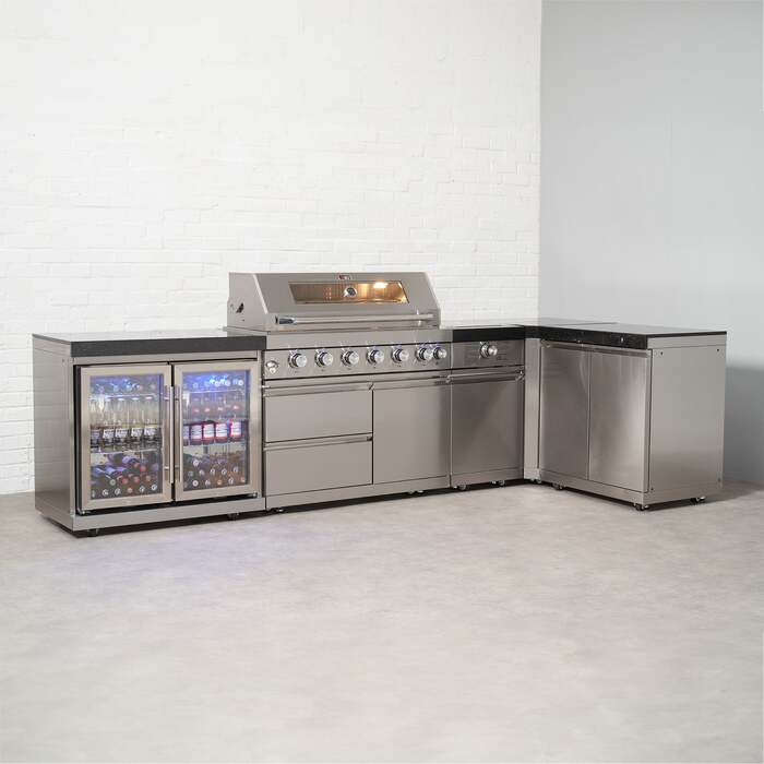 Draco Grills 6 Burner BBQ Modular Outdoor Kitchen with Sear Station, Double Cupboard and Double Fridge, Without Granite Side Panels