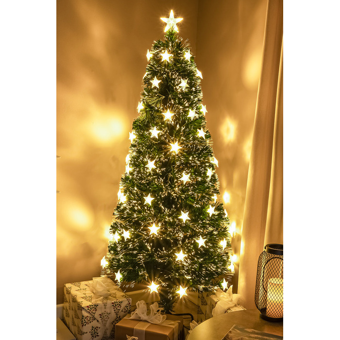 2ft - 7ft Green Fibre Optic Christmas Tree with Warm White Fibre Optics, LED Lights and Stars, 7FT