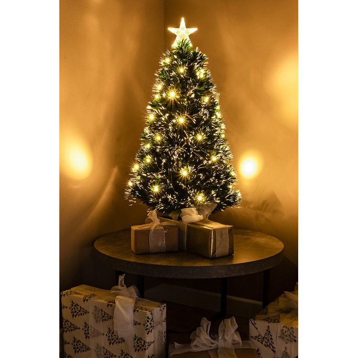 2ft - 7ft Green Fibre Optic Christmas Tree with Warm White LED's and Fibre Optic Lights, 3FT