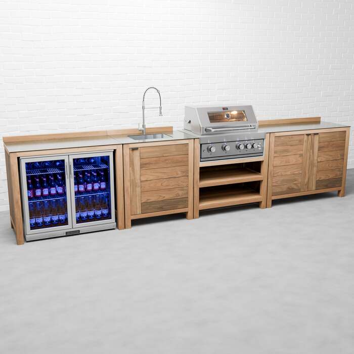 Draco Grills Teak 4 Burner Outdoor Kitchen with Modular Double Cupboard, Sink, Double Fridge, Mid February 2026 / Without Side Panels