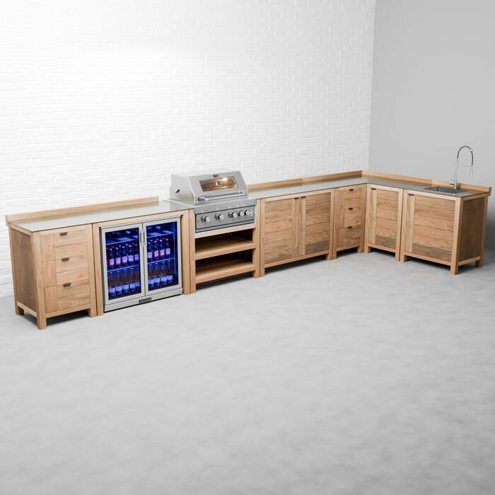 Draco Grills Teak 4 Burner Outdoor Kitchen with Modular Cupboards, Drawers, Sink, Double Fridge, Corner Cabinet, Mid February 2026 / Without Side Panels