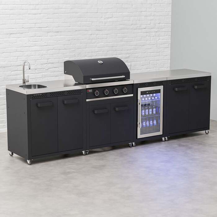 Draco Grills Titan 4 Burner Black Outdoor Kitchen Gas Barbecue with Fridge, Double Cupboard and Sink, Mid February 2026