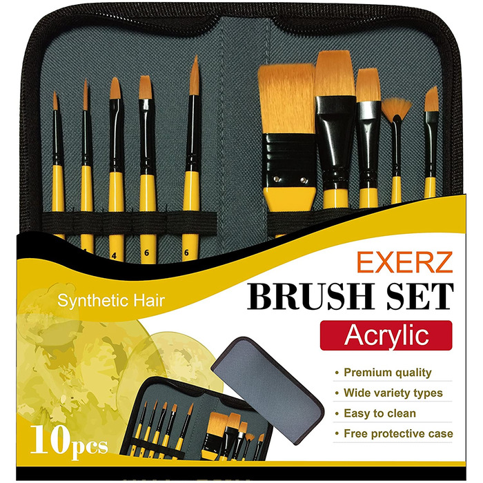 Exerz Artist Acrylic Paint Brush Set 10 pcs Synthetic Hair in a Case
