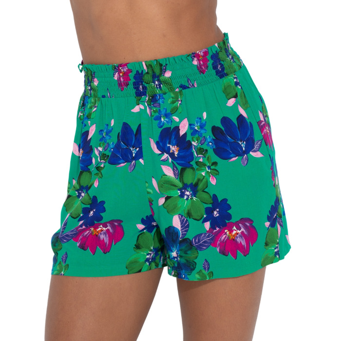 Pour Moi Shirred Waist Woven Beach Shorts - Green Floral - 2XL - 18