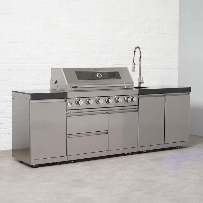 Draco Grills 6 Burner BBQ Modular Outdoor Kitchen with Gas Bottle Cabinet and Sink, Without Granite Side Panels