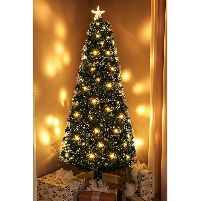 2ft - 7ft Green Fibre Optic Christmas Tree with Warm White LED's and Fibre Optic Lights, 6FT