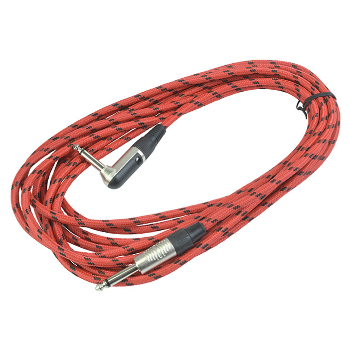 Guitar Lead 6m Braided Straight 1/4" Jack to Right Angle 1/4" Jack Red