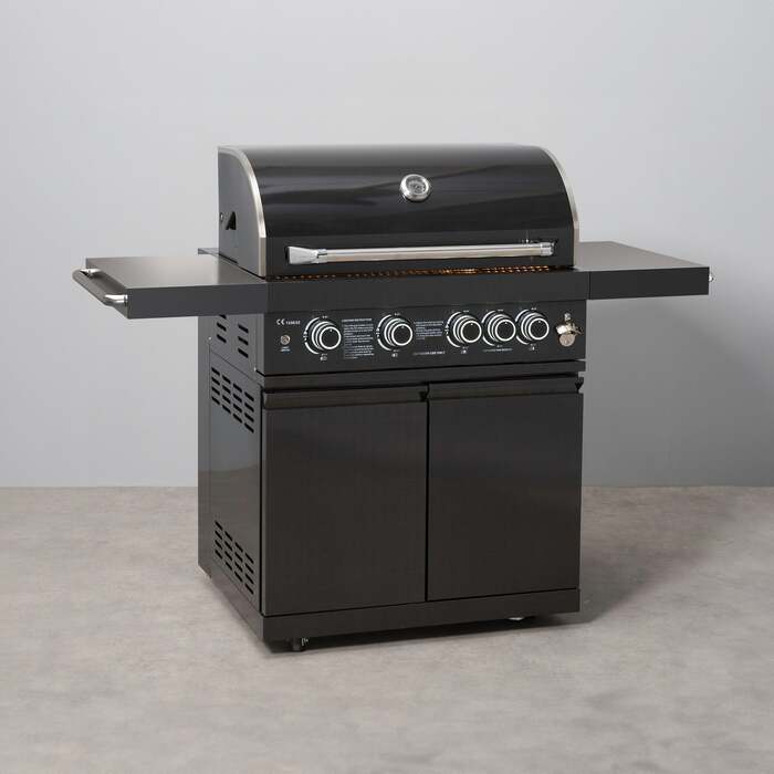 Draco Grills Outdoor Kitchen 4 Burner Black Stainless Steel Gas Barbecue, With Side Shelves