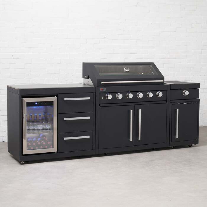 Draco Grills Fusion 6 Burner Black Outdoor Kitchen with Modular Side Burner and Single Fridge, End of January 2026