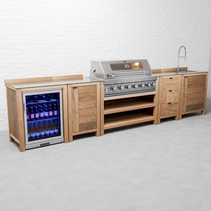 Draco Grills Teak 6 Burner Outdoor Kitchen with Modular Double Fridge, Sink, Single Cupboard, Triple Drawers, Early March 2026