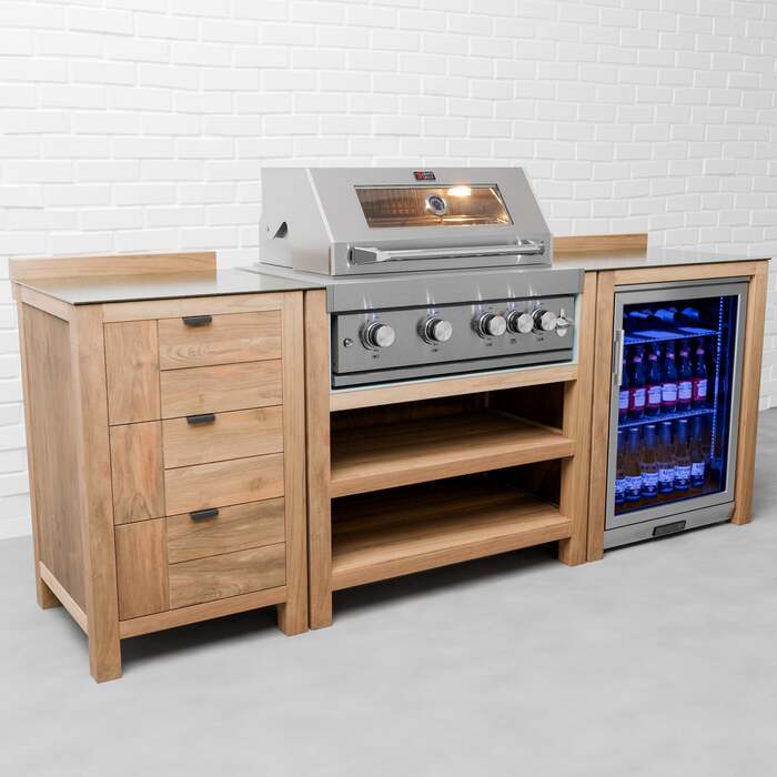 Draco Grills Teak 4 Burner Outdoor Kitchen with Modular Triple Drawer Unit and Single Fridge, End of February 2026 / Without Side Panels