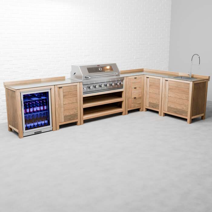Draco Grills Teak 6 Burner Outdoor Kitchen with Modular Single Fridge, Single Cupboard, Corner Cabinet, Sink, Early March 2026 / With Side Panels