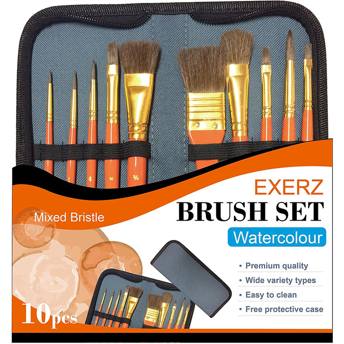 Exerz Artist Paint Brush Set — 10 pcs Professional Mixed Bristle Brushes in a Case - Watercolour & Gouache