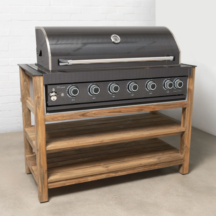 Draco Grills Teak Modular Outdoor Kitchen BBQ Unit with Black Stainless Steel 6 Burner Barbecue, End of January 2026
