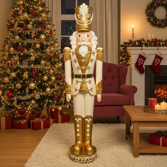 5. 5ft Large Traditional Christmas Nutcracker Soldier - Cream and Gold with LED Lights