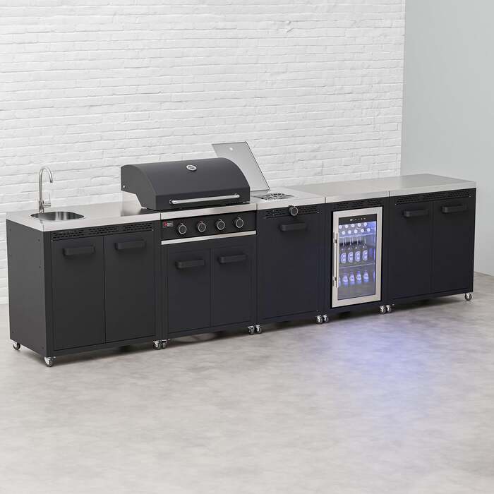 Draco Grills Titan 4 Burner Black Outdoor Kitchen Gas Barbecue with Side Burner, Fridge, Double Cupboard and Sink, Mid February 2026