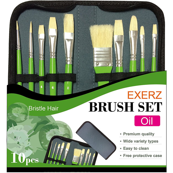 Exerz Artist Paint Brush Set — 10 pcs Professional Bristle Brushes in a Case/Perfect for Oil Colour Acrylic Gouache - Oil
