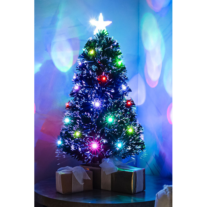 Black Fibre Optic Christmas Tree 2ft to 7ft with Multicoloured LED Lights and Star, 3ft / 90cm