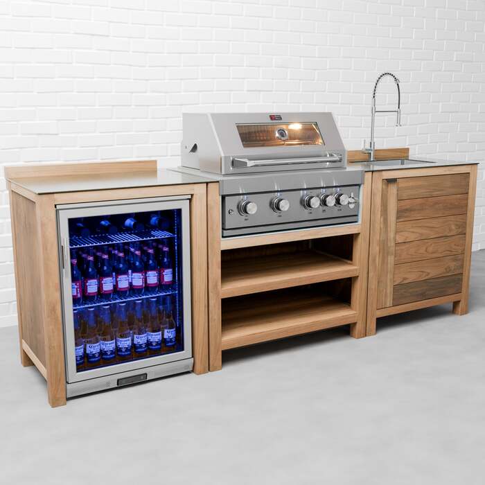 Draco Grills Teak 4 Burner Outdoor Kitchen with Modular Sink and Single Fridge, Early March 2026 / Without Side Panels