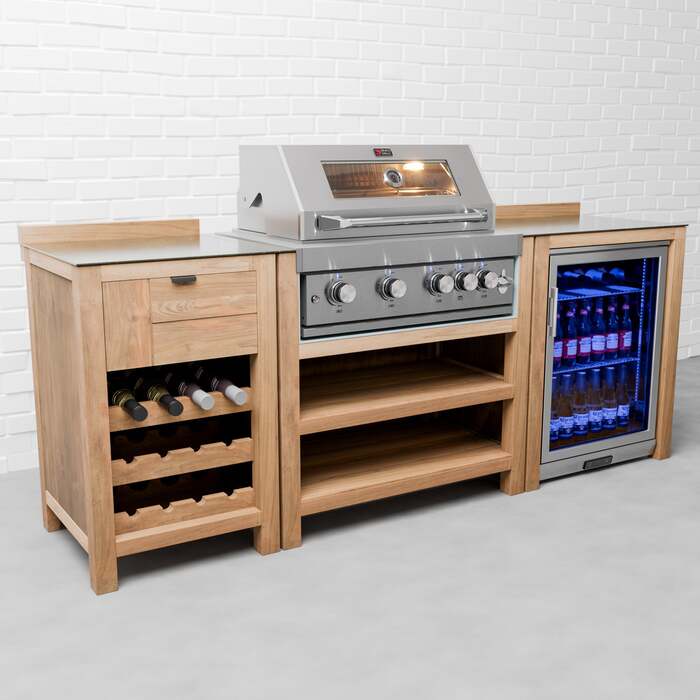 Draco Grills Teak 4 Burner Outdoor Kitchen with Modular Wine Cabinet and Single Fridge, End of February 2026 / With Side Panels