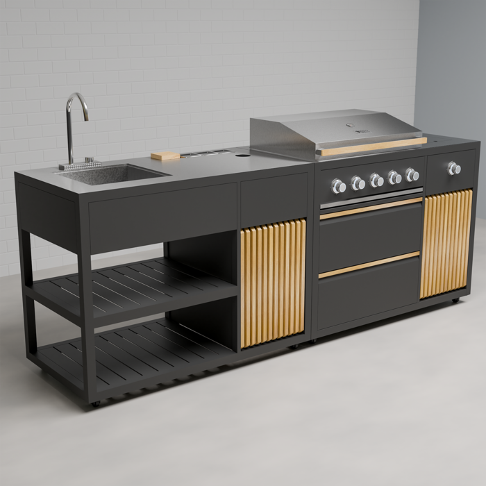 Draco Grills Scandic Line Modular Outdoor Kitchen with 5 Burner BBQ and Sink, With Complete Teak Bar Package