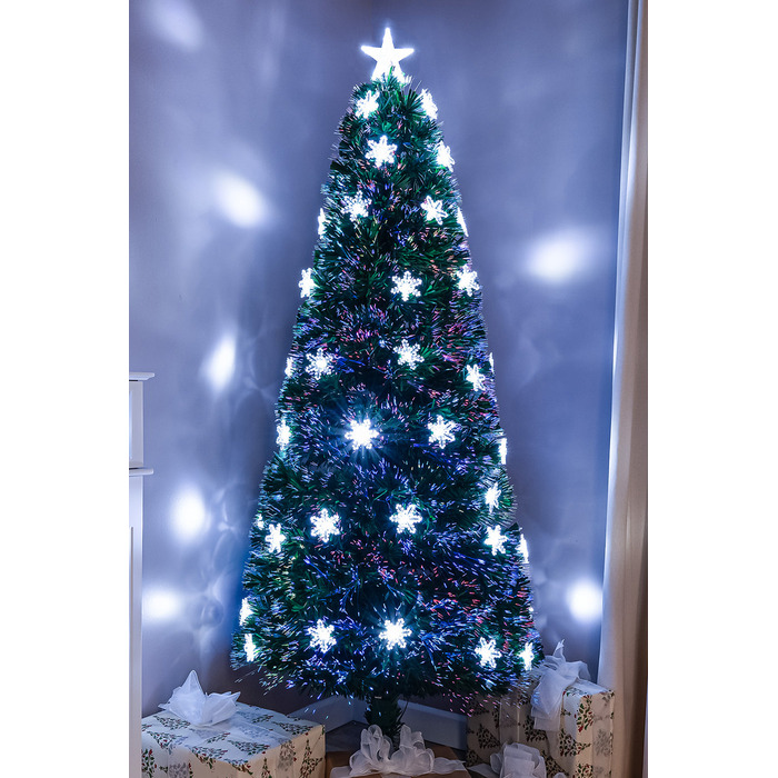 Green Fibre Optic Christmas Tree 2ft - 7ft with Multi Coloured Fibre Optics, White LED Lights and Snowflakes, 6FT