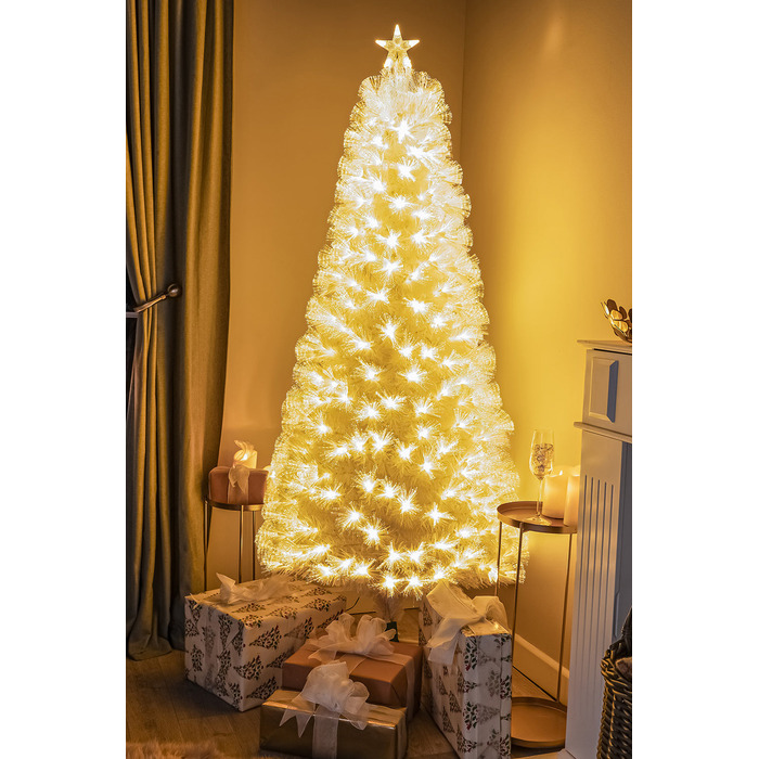 White Fibre Optic Christmas Tree with Feathery Warm White Fibre Optic Lights 2ft - 7ft, 6FT