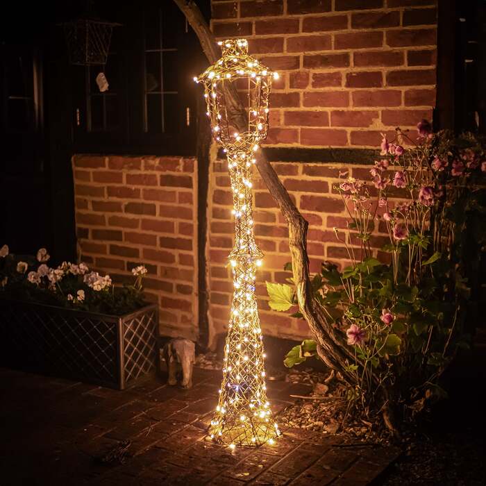 Light Up Christmas Lamp Post Lantern In Brown Weave with 170 White/Multicoloured LEDs - 1. 5M