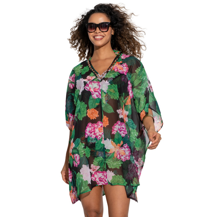 Pour Moi Chiffon V-Neck Embellished Kaftan - Black/Green/Pink - 12/14