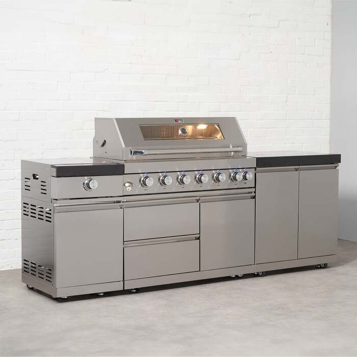 Draco Grills 6 Burner BBQ Modular Outdoor Kitchen with Sear Station and Double Door Cabinet, With Granite Sides
