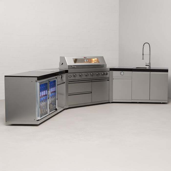 Draco Grills 6 Burner BBQ Modular Outdoor Kitchen with Searing Stations, Double Fridge and Sink, Without Granite Side Panels