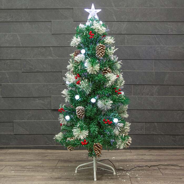 Flocked Green Pine Christmas Tree 4ft to 6ft with White Fibre Optic and LED's, Berries and Cones, 4ft