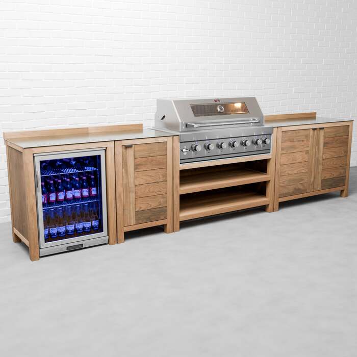 Draco Grills Teak 6 Burner Outdoor Kitchen with Modular Single & Double Cupboards and Single Fridge, Early March 2026 / With Side Panels