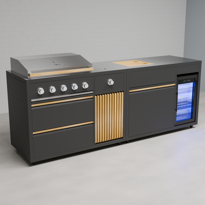 Draco Grills Scandic Line Modular Outdoor Kitchen with 5 Burner BBQ and Fridge, With Complete Teak Bar Package