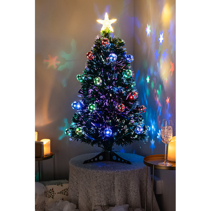 2ft - 7ft Green Fibre Optic Christmas Tree with Multi Coloured LED Lights and Baubles, 2FT