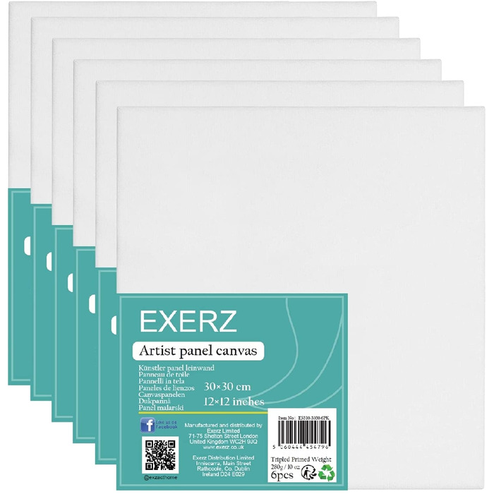 Exerz 30x30cm Canvas Panels 6pcs - 3mm 280gsm 100% Cotton -Square Shape Blank Artist Canvas Board