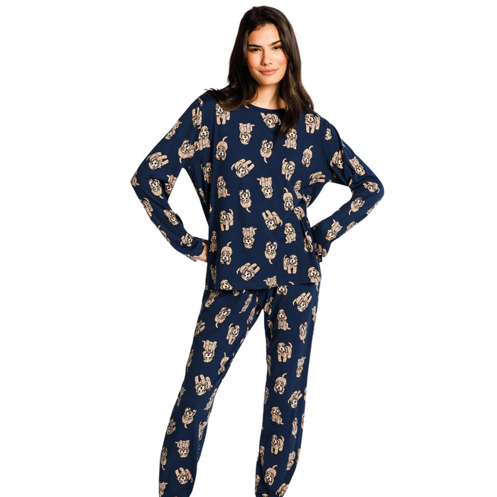 Chelsea Peers Long Pyjama Set - Navy Cockapoo Print - S - 10