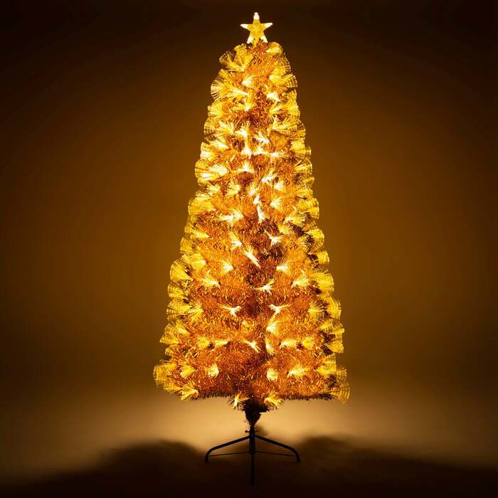 Gold Christmas Tree with Fibre Optics and Warm White LED Lights (2ft to 7ft), 2ft / 60cm