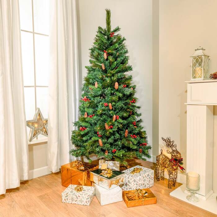 5ft - 7ft Tollymore Spruce Artificial Christmas Tree with Red Berries, 7ft