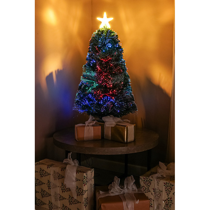 2ft - 7ft Green Pin Prick Fibre Optic Christmas Tree with Multi Coloured Fibre Optic Lights, 3FT