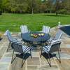Alexander Rose Portofino 6 Seater Metal Garden Furniture Set with 1. 5m Round Table and High Back Armchairs, with Charcoal Stripe Cushions