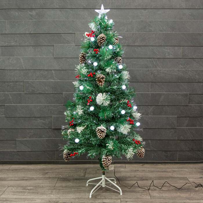 Flocked Green Pine Christmas Tree 4ft to 6ft with White Fibre Optic and LED's, Berries and Cones, 5ft