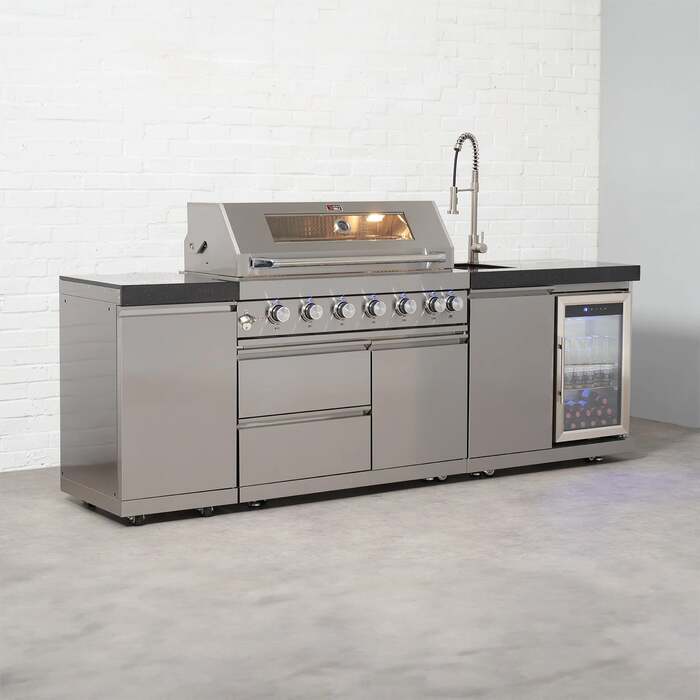 Draco Grills 6 Burner BBQ Modular Outdoor Kitchen with Gas Bottle Cabinet, Single Fridge and Sink, Mid March 2026 / With Granite Side Panels