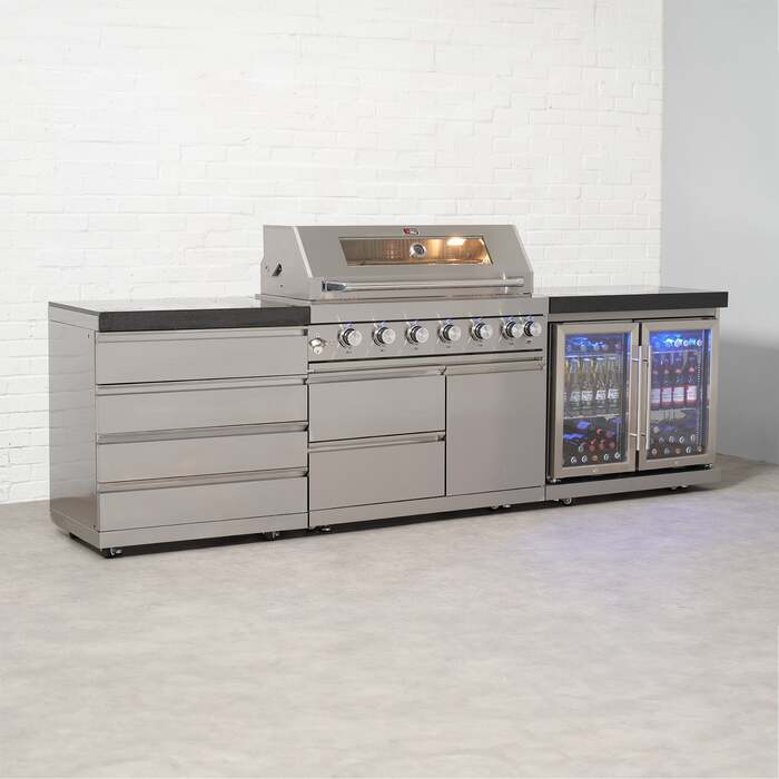 Draco Grills 6 Burner BBQ Modular Outdoor Kitchen with Quad Drawer and Double Fridge Unit, Early March 2026 / Without Granite Side Panels