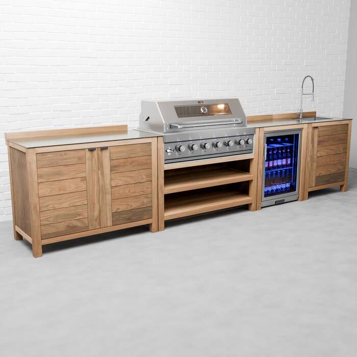 Draco Grills Teak 6 Burner Outdoor Kitchen with Modular Double Cupboard, Single Fridge and Sink, End of February 2026 / Without Side Panels