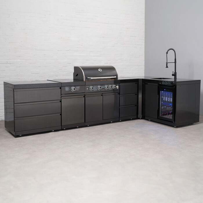 Draco Grills 4 Burner BBQ Black Stainless Steel L-Shape Modular Outdoor Kitchen with Sear Station, Fridge and Sink, Without Side Panels