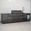 Draco Grills 6 Burner BBQ Black Stainless Steel Modular Outdoor Kitchen with Sear Station Triple Drawer and Fridge and Sink Unit, Without Side Panels