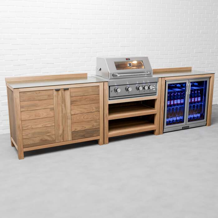 Draco Grills Teak 4 Burner Outdoor Kitchen with Modular Double Cupboard and Double Fridge, End of January 2026 / Without Side Panels