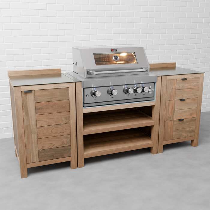 Draco Grills Teak 4 Burner Outdoor Kitchen with Modular Single Cupboard and Triple Drawer Unit, End of January 2026 / Without Side Panels